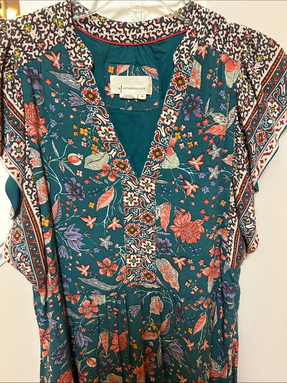 Anthropologie XS Zenia Green Floral V-Neck Dress - Picture 6 of 15